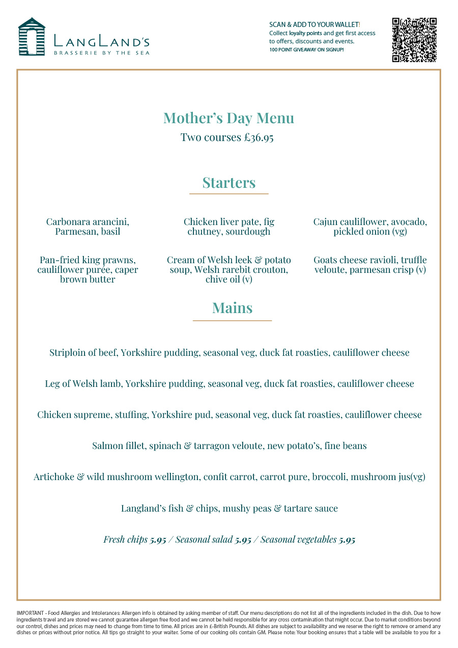 mothers day menu langlands mumbles swansea